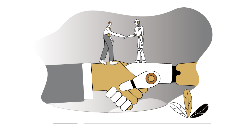 Robot hand and human hand giving each other a handshake.